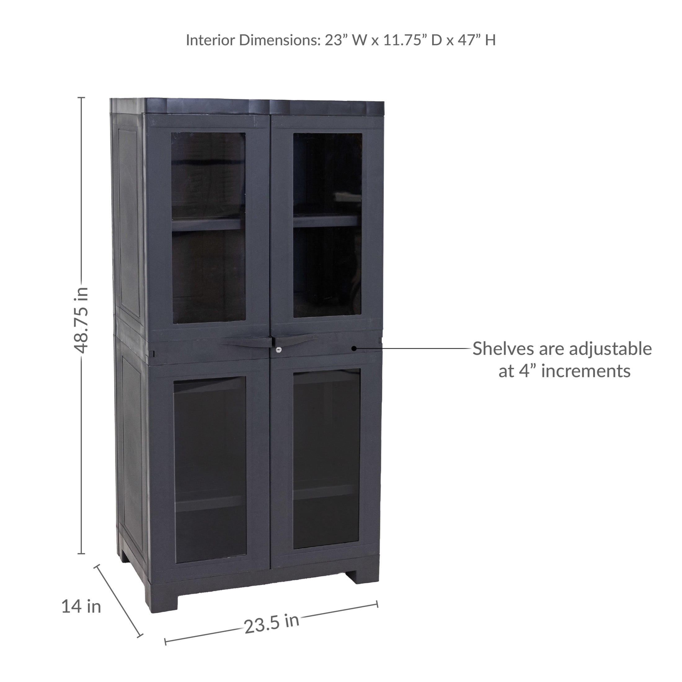 Sunnydaze Lockable Adjustable 48.75" Plastic 3-Shelf Freestanding Garage Storage Cabinet, Charcoal