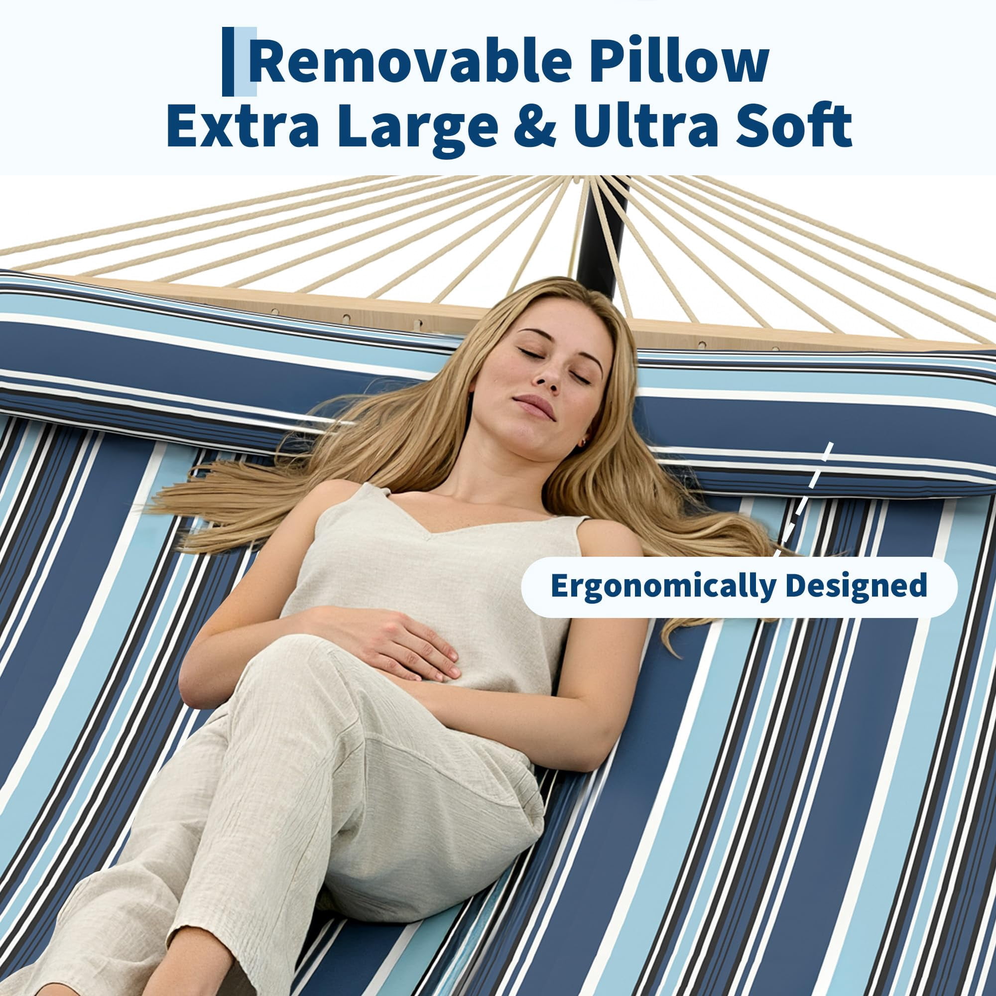 Large Quilted Fabric Hammock for 2 Person, Heavy Duty Hammock with Hardwood Spreader Bars, Detachable Pillow, Support up to 450 LBS, Weather-Resistant, for Patio, Backyard, Pool, Blue Striped