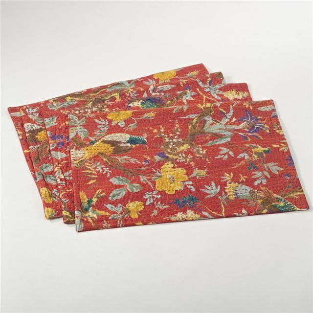 Saro Lifestyle 5160.R1319B Set de Table Rectangulaire Imprimé Ketan de 13 x 19 Po avec Points de Kantha - Rouge&44; Lot de 4