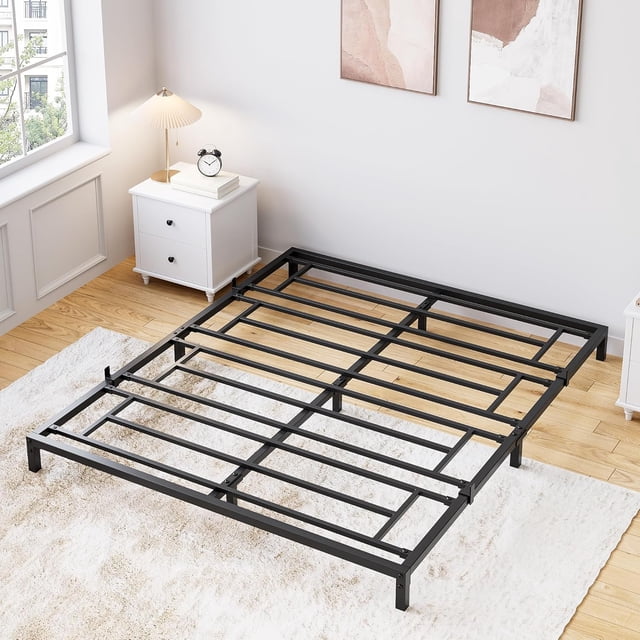 Queen-size 6-pulgada negra metal platform marco de cama con almacenamiento, steel slat support, no box spring, easy to assemble