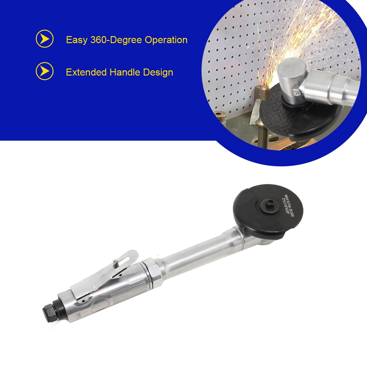 SUDEG 1/4" Air Grinder, Air ‎Right Angle Die Grinder, Air Angle Edge Die Grinder Cutter Polisher Air Tool with Long Handle Safety Cover, 90PSI 18000RPM Long Handle Cutting Machine