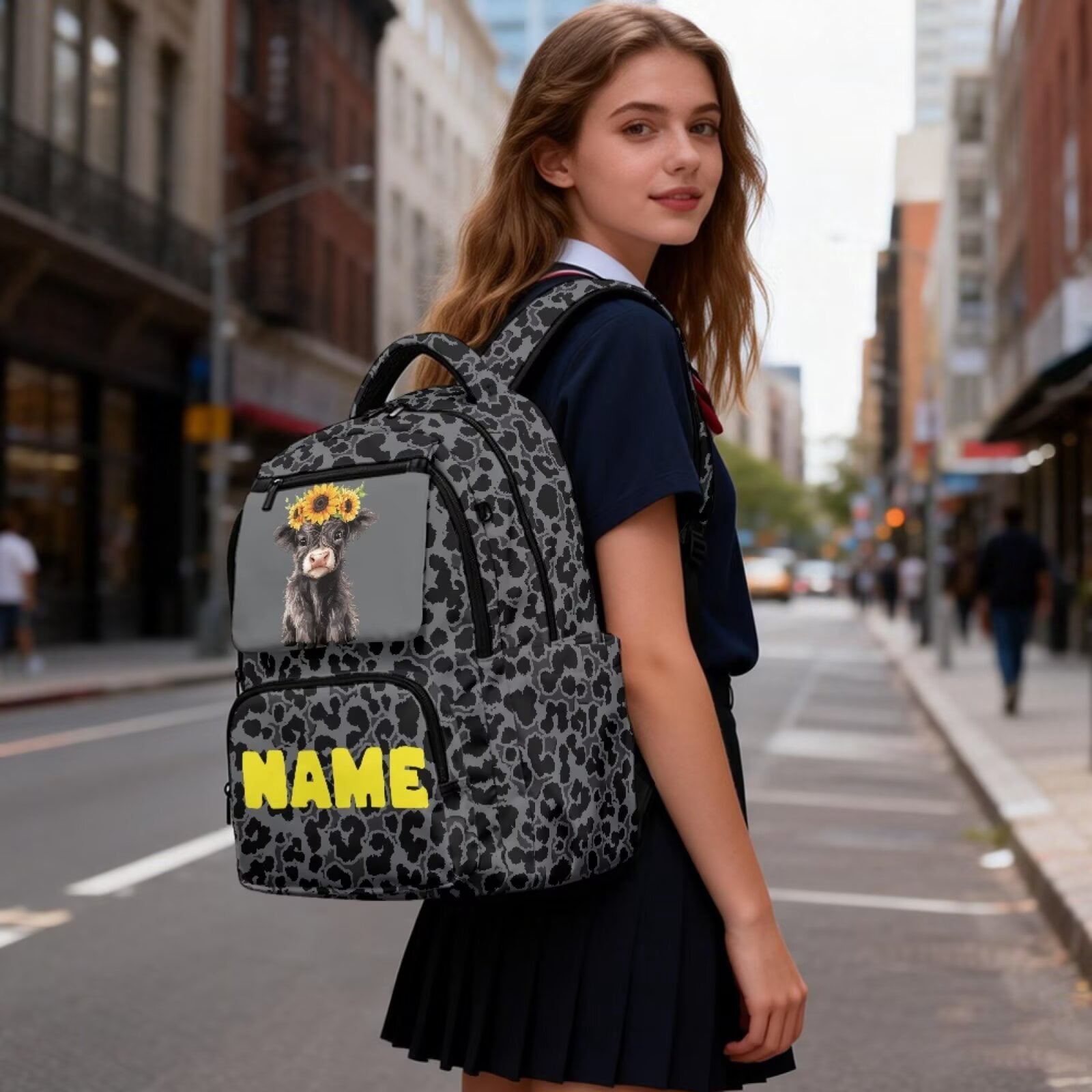 Chririnla Highland Cow Sunflower,Custom Name Print 17 Inch Backpack for Girls Boys Casual Laptop Bags Large Capacity Bookbag for Primary, Middle High Senior School