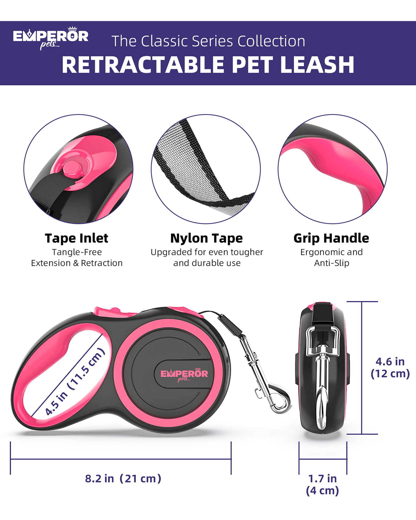 Emperor Pets Retractable Dog Leash, 26 ft, Large, Pink, for Dogs up to 110 lbs -PK26