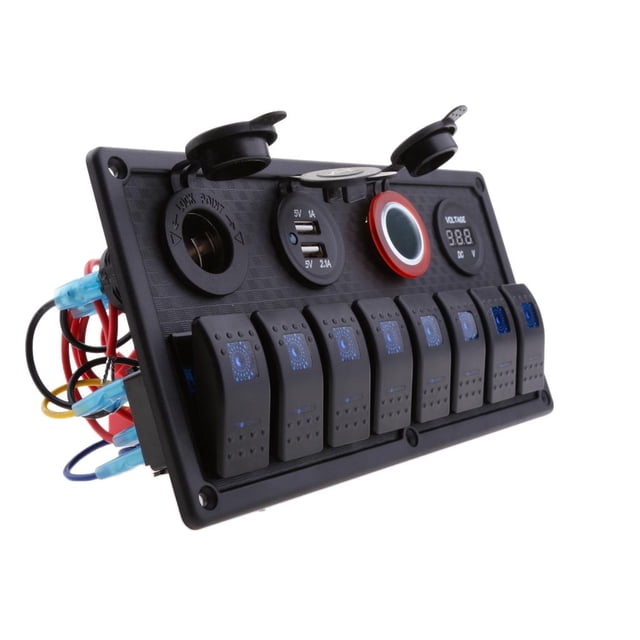 ón Marino Del Coche RV Barco 8 Gang LED Azul Interruptor De Balancín Panel Dual USB Voltímetro DYNWAVEMX Interruptor del panel del coche