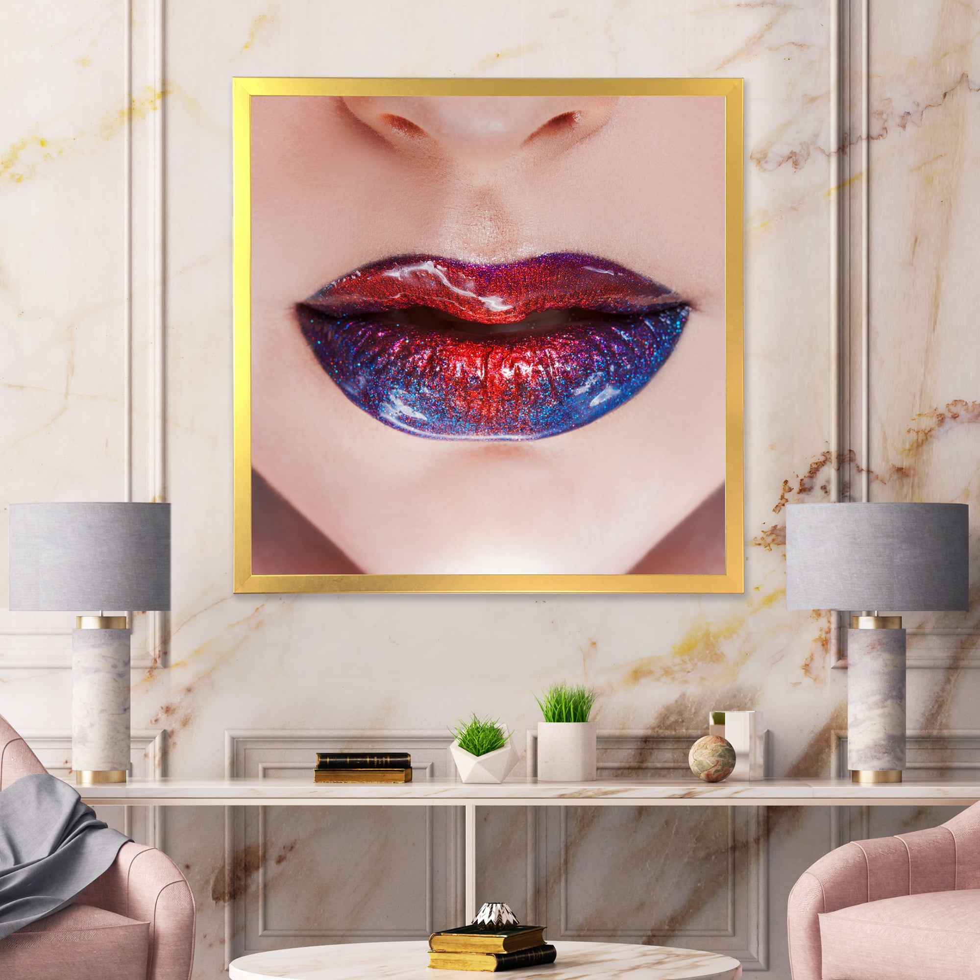 Designart 'Beautiful Women Lips With Red and Blue Lipstick' Modern Framed Art Print