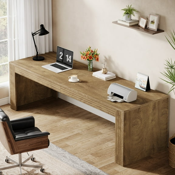 Finmind  Farmhouse Computer Desk,  79 Inch Study Desk for Two Person, Wooden Extra Long Writing Desk for Living Room, Natural Brown