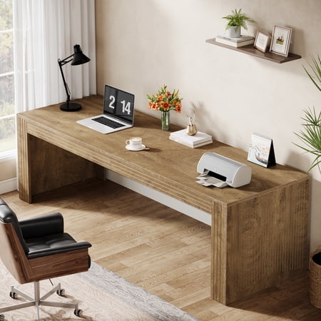 Finmind Farmhouse Computer Desk, 79 Inch Study Desk for Two Person, Wooden Extra Long Writing Desk for Living Room, Natural Brown