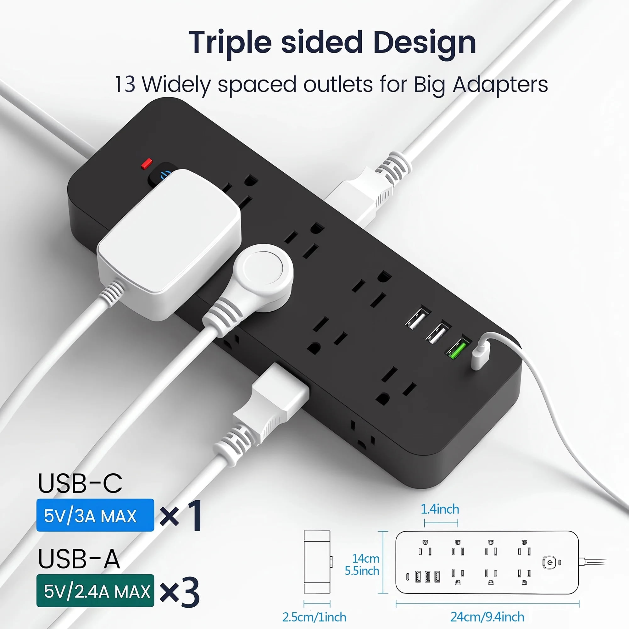 BEISHINK Surge Protector Extension Cable Power Board with Multiple Plug ins and USB Ports, Black
