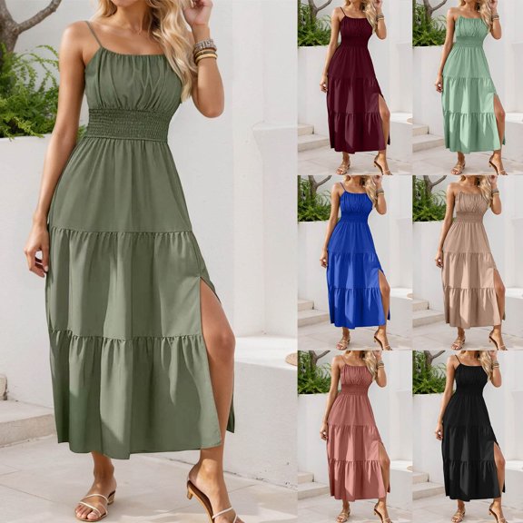 Backless Cami Dresses for Women Sleeveless Sun Dresses Plus Size a Line Flowy Long Tiered Maxi Dress Pockets Vacation Outfits