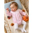 thumbnail image 3 of RUINIXCW Newborn Baby Girl Halloween Outfit Smocked Bubble Romper Infant Baby Fall Clothes Ghost Embroidery Side Bow Pink Striped Long Sleeve Bodysuit, 3 of 9
