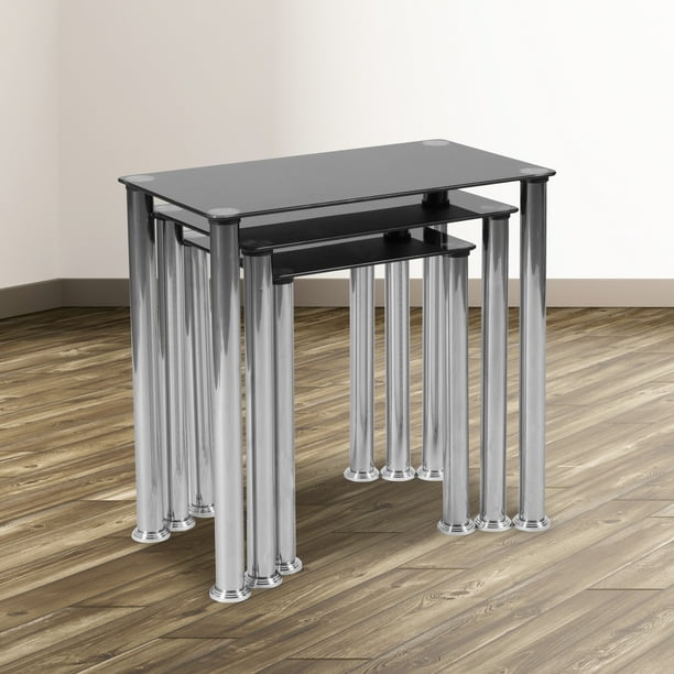 Flash Furniture Rectangular Shaped Black Glass Nesting Tables with Stainless Steel Legs