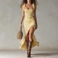 thumbnail image 4 of Navy Blue Floral Maxi Dress With Ruffled Straps, High Side Slit, Flowy Fit, 4 of 6