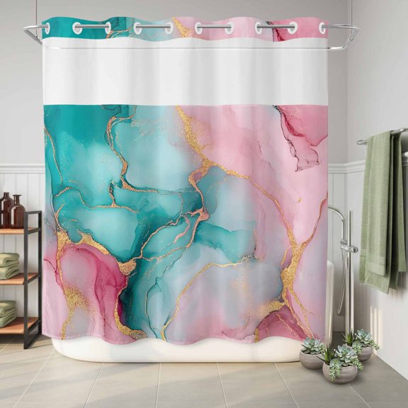 No Hook Shower Curtain Water Pink Marble Waterproof Fabric Shower Curtain Abstract Art Hotel Style Bathroom Curtain with See Through Top Window Machine Washable 72x78in