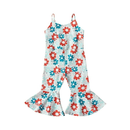 

Qtinghua Toddler Baby Girl 4th of July Outfit Floral Print Bell Bottom Overalls Suspender Flare Pants Memoridal Day Clothes