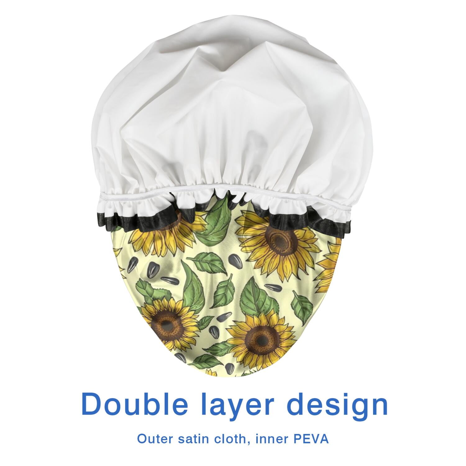 Shower Caps,Yellow Sunflower Seed Leaf Pattern Waterproof Shower Cap for Women 4 Pieces,Double Reusable Hair Cover for Shower PEVA Elastic Stretch Hem