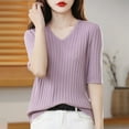 thumbnail image 2 of JGGSPWM Womens Summer Solid Short Sleeve Sweaters Tops V Neck Cable Knit Lightweight Sweater Shirts Blouses Purple XXL, 2 of 3