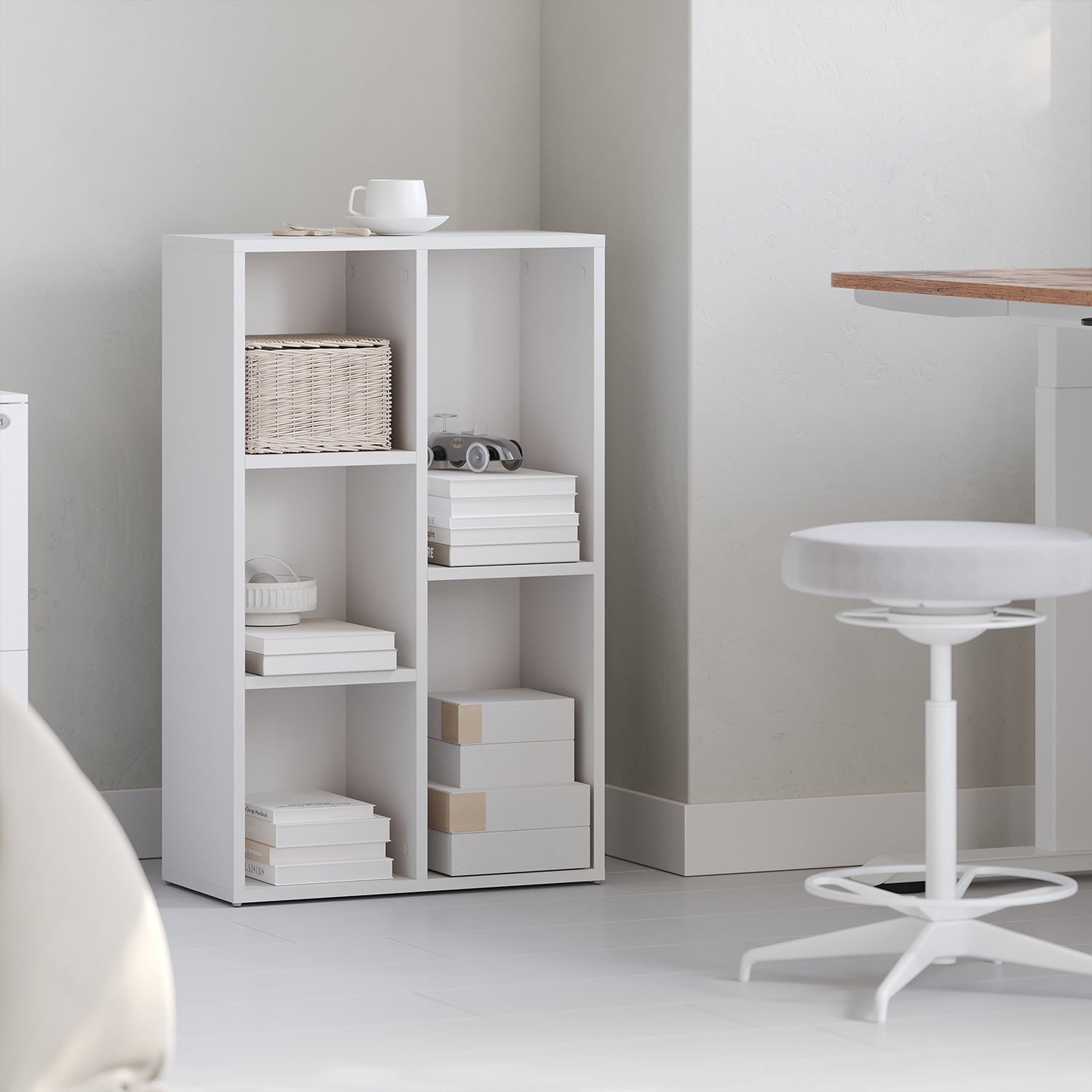 LEDREM 5-Tier Bookcase with Cubes, Space-Saving Shelf Organizer for Living Room, Bedroom, Office, 22lb/Compartment, Freestanding, White