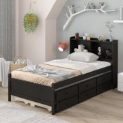 Holaki Twin Platform Bed with Bookcase Headboard- Twin Trundle Bed and 2 Drawers- Solid Wood Bed Frame for Kids Teens, Espresso