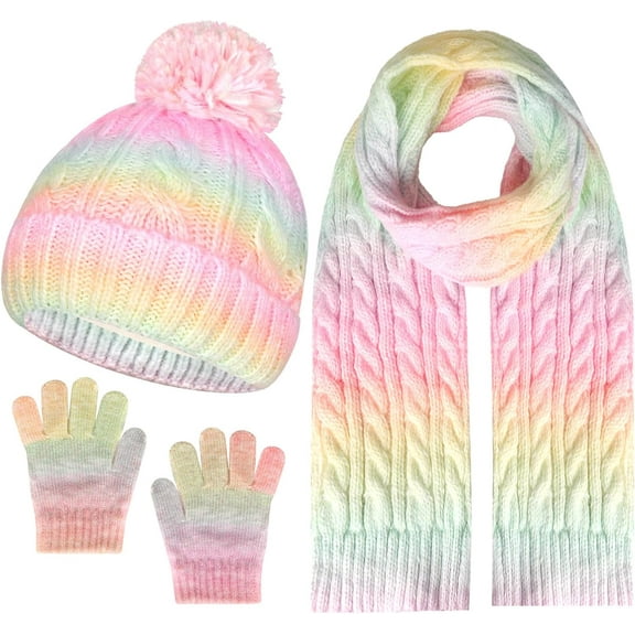 Kids Winter Hat Scarf Gloves Set, Kids Beanie Hat Long Scarf Mittens with Warm Fleece Lining for Boys Girls 3-10 Years Old