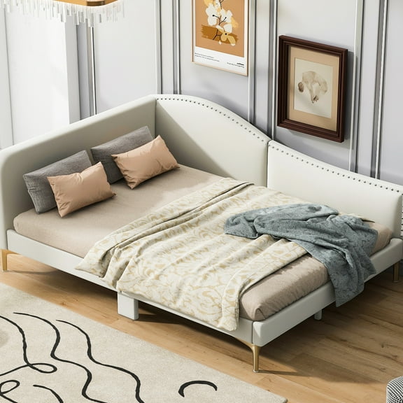 Beige Upholstered Daybed With Headboard & Armrest, Strong Leg Support - Elegant Home Decor Headboard, Armrest And Frame Style