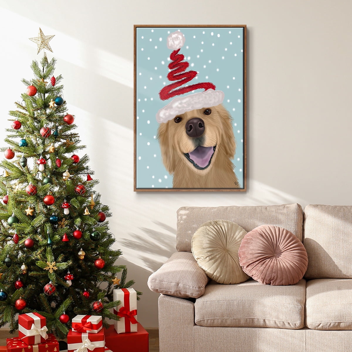Christmas Golden Retriever and Spring Santa Hat - Framed Gallery Wrapped Holiday Canvas - 25 x 37 - Rosewood Frame