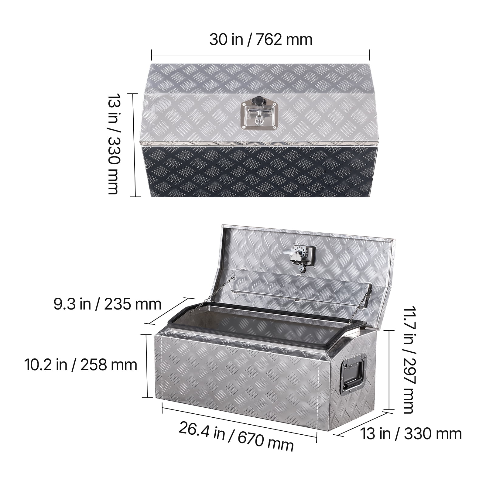 KFFKFF Durable Aluminum Truck Bed Tool Box, Striped Storage Box with Side Handle and T-Lock Keys, Organizer Chest for Trailer, Pickup, RV, 30"x13"x13", Silver