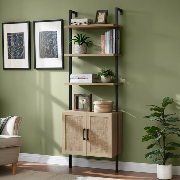 OAKHAM 5-Shelf Ladder Bookshelf with Rattan Cabinet, Wall Mounted Bookcases with Open Display Shelf, Weathered Oak