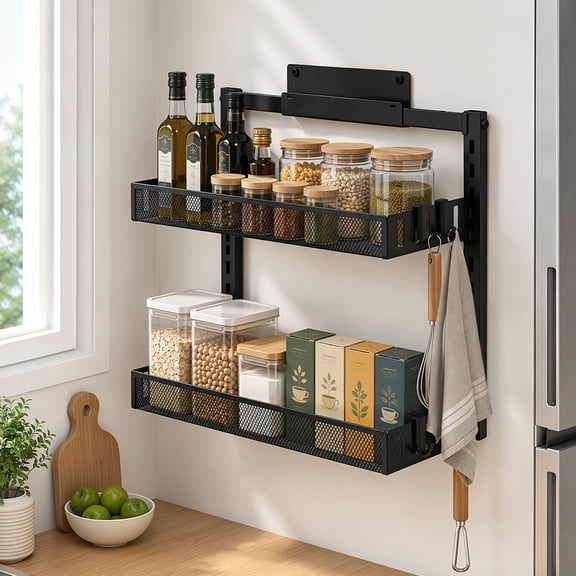 Findosom 2 IN 1 Wall Mount or Hanging Spice Rack with Towel Holder and Hooks, 2-Tier Adjustable Spice Shelf for Kitchen Cabinet, Pantry Door,Stove, Over The Door Rack, Bathroom Holder Black