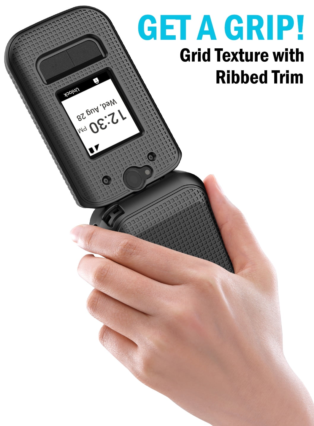 Nakedcellphone Case and Belt Clip Combo for Sonim XP3plus 5G Flip Phone (XP3 Plus X320, 2025), Textured Hard Cover and Holster/Holder - Black Tread