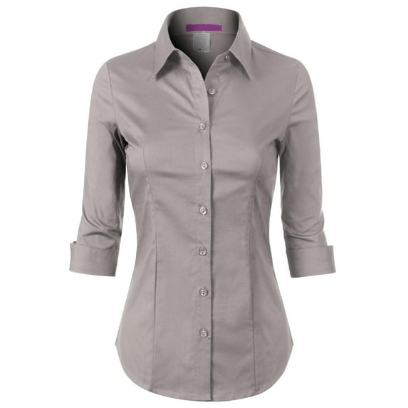 Made by Olivia Women's 3/4 Sleeve Stretchy Button Down Collar Office Formal Casual Blouse Shirts Top Grey 4XL