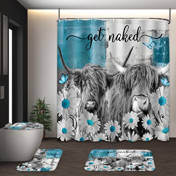 PLUTARCHON 4pcs Highland Cow Bathroom Set - Turquoise Fabric Shower Curtain & Rug, Get Naked Funny Modern Decor, 70.8"x70.8"