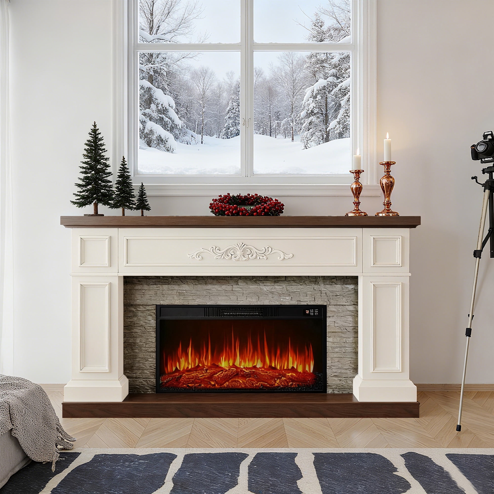 BOSHIRO Electric Fireplace with Mantel, 60 Inch Solid Wood Fireplace TV Stand for Living Room Bedroom