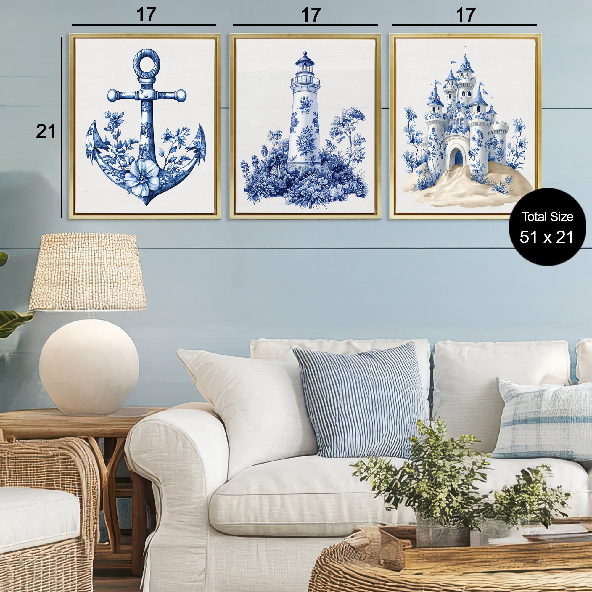 Ornate Nautical Toile Patterns 3 Piece Gold Framed Floater Canvas Set, design by Lettered and Lined