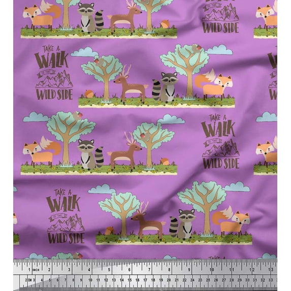Soimoi Japan Crepe Satin Fabric Tree,Deer & Racoon Cartoon Printed Fabric 1 Yard 42 Inch Wide