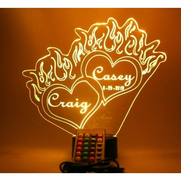 Double Hearts with Flames Night Light Up Desk Table Lamp LED Personalized Couples Love On Fire Centerpiece Home Decor, Our Newest Feature - It's Wow, with Remote, 16 Colors, Free Engraved, Great Gift
