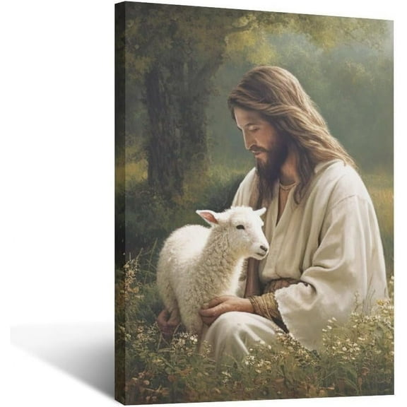 Aaheei Christian Jesus And Lamb Wall Art Jesus Holding Lamb Pictures Wall Decor Portrait Poster Canvas Painting Print Religious Modern Home Decorations Artwork for Bathroom Bedroom Living Room Church