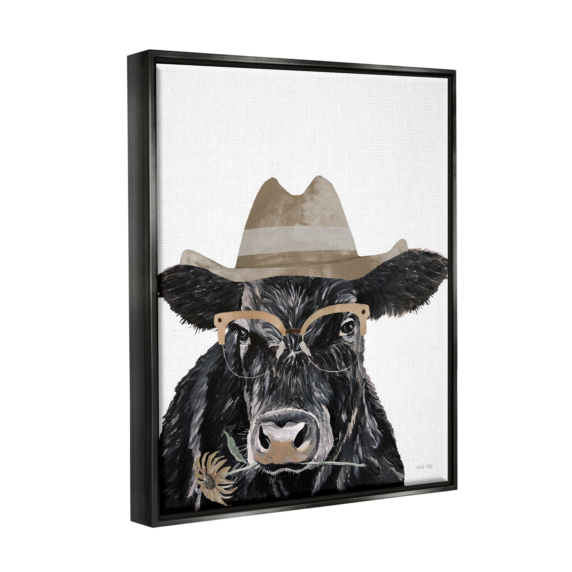 Stupell Industries Cattle in Hat & Glasses Animals & Insects Painting Black Floater Framed Art Print Wall Art, 25 x 31