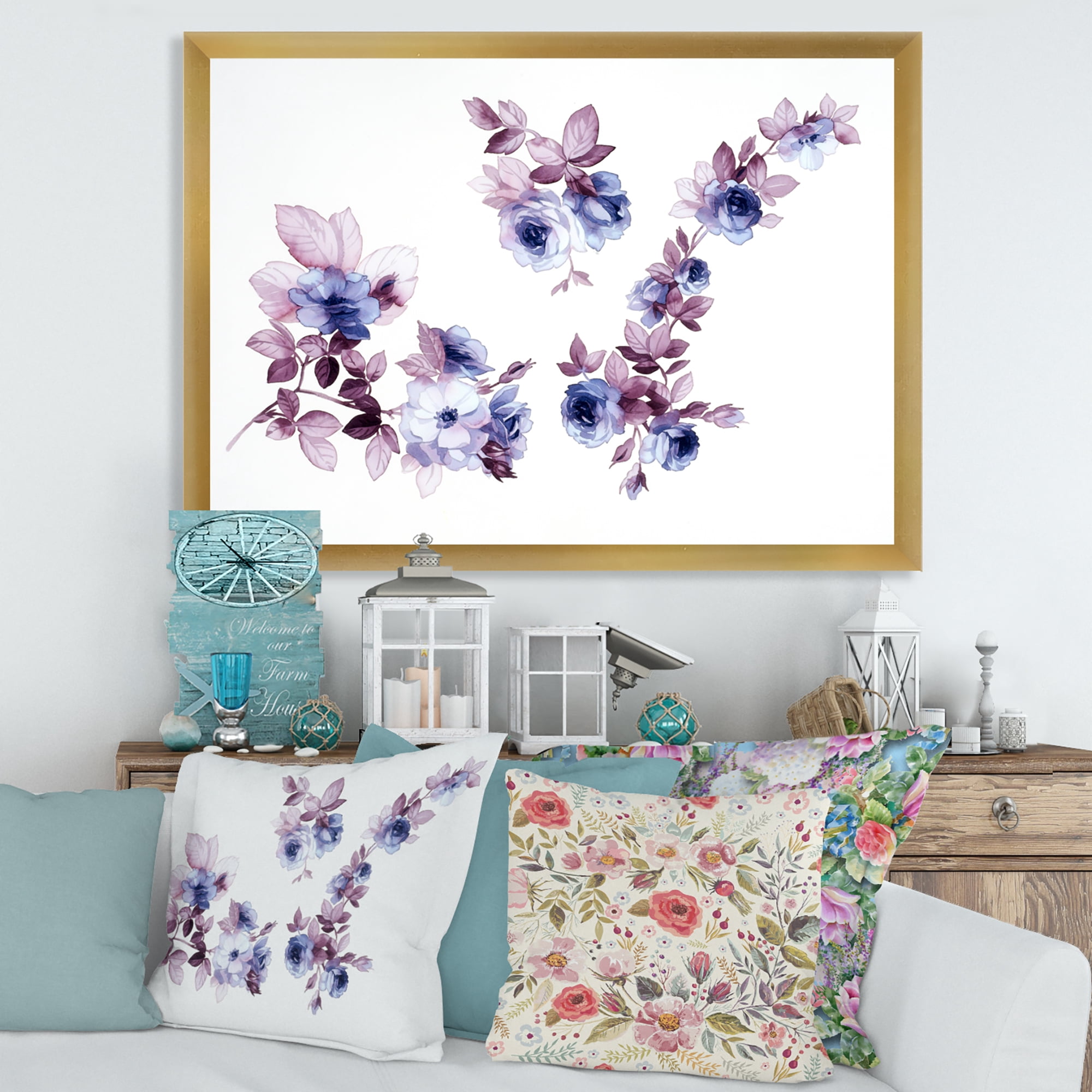 Designart 'Purple Wildflowers On White I' Traditional Framed Art Print