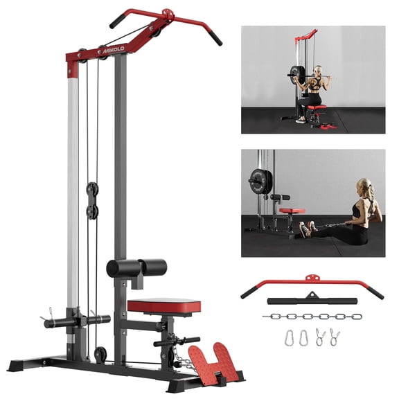 Mikolo LAT Pull Down Machine Set, Multifunction Cable Workout Equipment with Flip-up Footplate and Plates Storage Posts