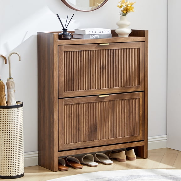 MIYZEAL 31.5" Walnut Shoe Cabinet with 2 Flip Doors, Freestanding Shoe Organizer with Removable Dividers, Narrow Hidden Shoe Storage Cabinet for Entryway, Hallway, Living Room