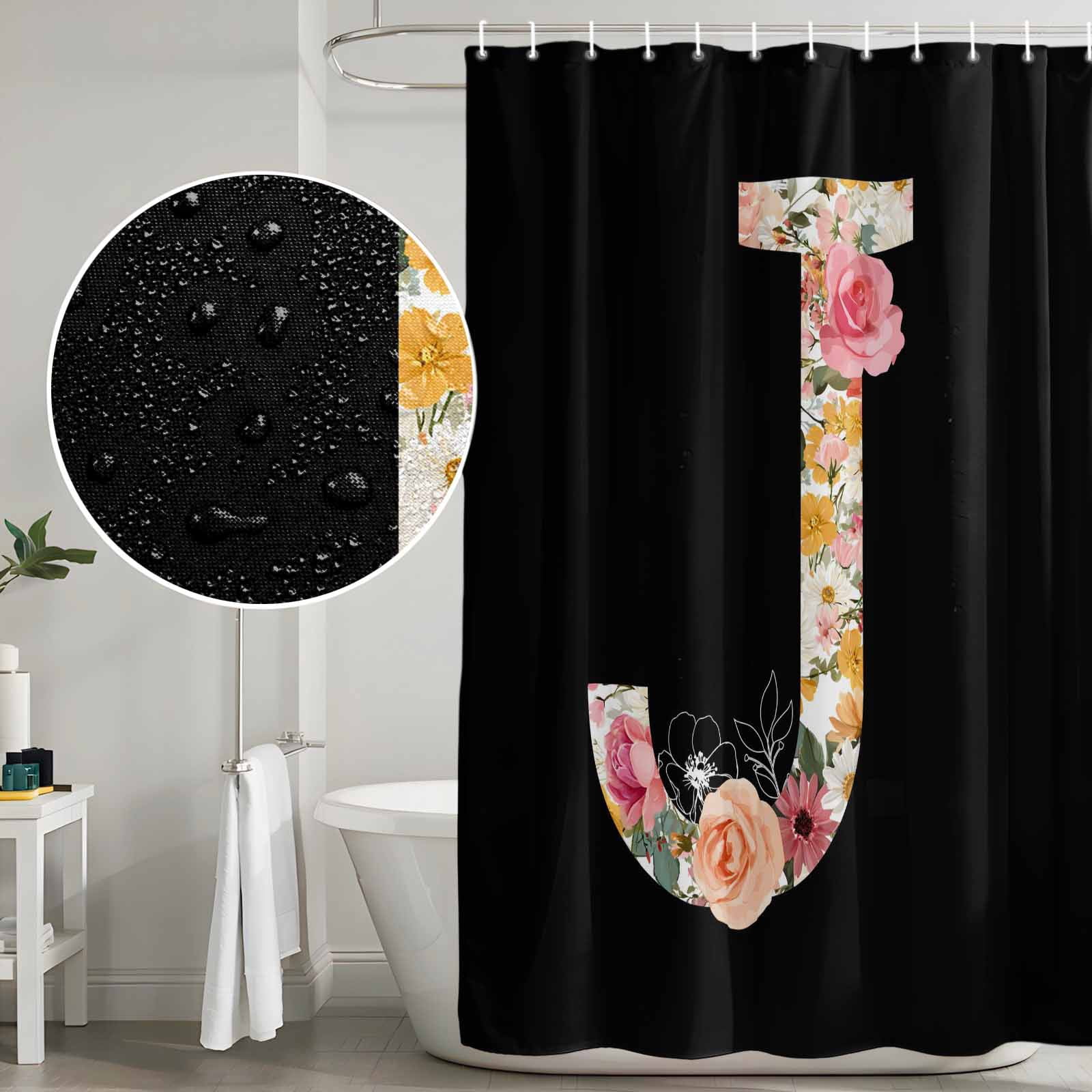 Black Letter J Flower Bathroom Shower Curtains with Hooks, Watercolor Alphabet J Pink Beige Floral Leaf Waterproof Fabric Washable Shower Curtain for Home Hotel Bathtub Decor 72x72 Inch