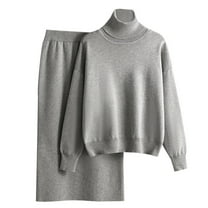 QUYUON Skirt Sets Women 2 Piece Outfits Winter Warm Turtleneck Long Sleeve Sweater Pullover Tops Sweatsuits Sets High Waisted Midi Skirt Two Piece Outfits Gray One Size