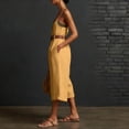 thumbnail image 4 of Women's Vacation Capri Jumpsuits Spaghetti Strap Wide Leg Linen Rompers Deep V Neck Sleeveless Cropped Jumper Yellow, XL, 4 of 7