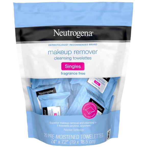 Neutrogena Fragrance-Free Makeup Remover Cleansing Towelette Singles, Individually-Wrapped Daily Face Wipes 20 ct (Pack of 3)