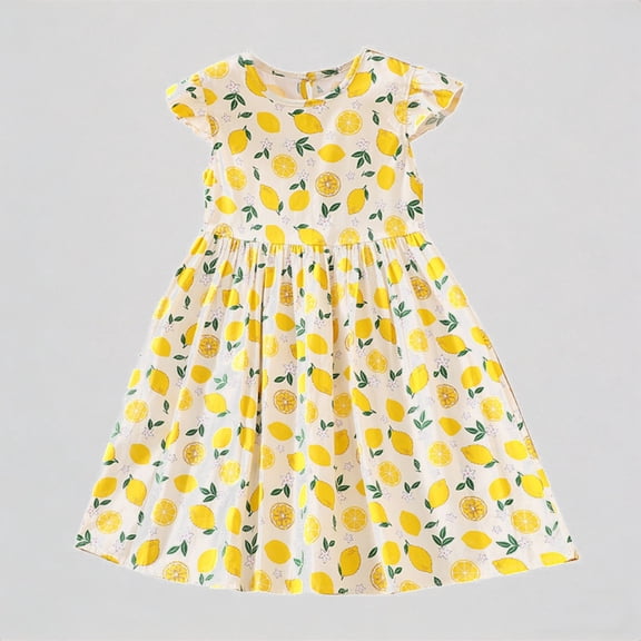 REDARER Toddler Girls' Lemon Print Dress, Ruffle Short Sleeve Fruit Print A-Line Dress, Summer Casual Home Dress for Kids,18-24 Months