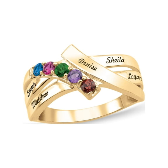 Personalized Bypass Engravable Birthstone Family Ring in 10k and 14k Gold