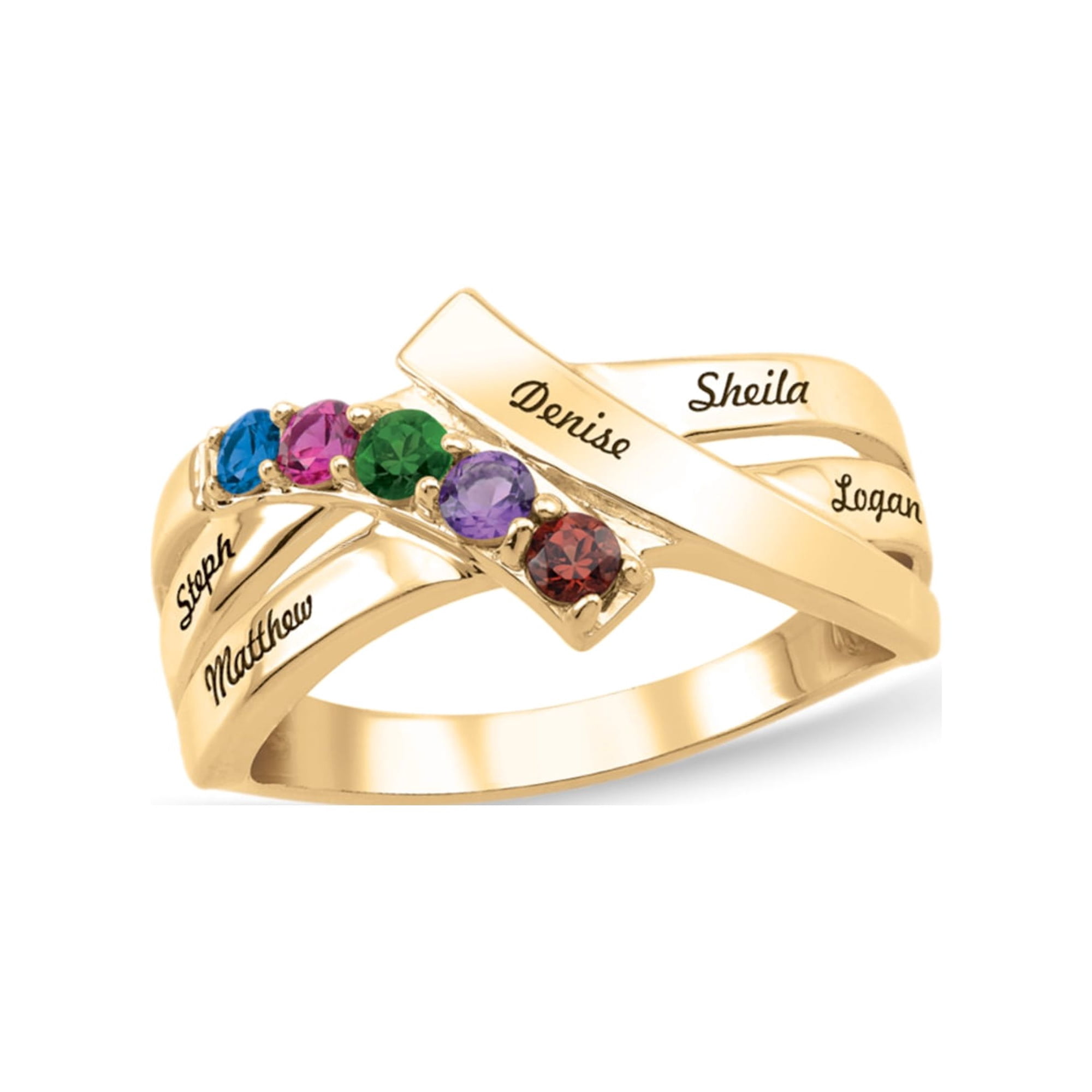 Personalized Bypass Engravable Birthstone Family Ring in 10K Gold by Jewlster