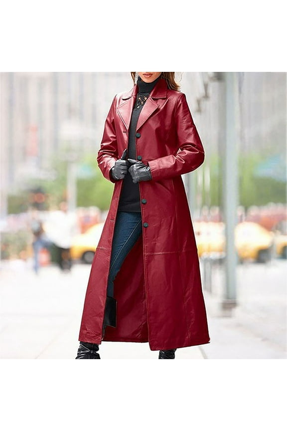 YODETEY Faux Leather Trench Coat with Single-Breast Design - Women's Fashion Sexy and Winter Solid Long Leather Coat Imitation Leather Windbreaker Coat
