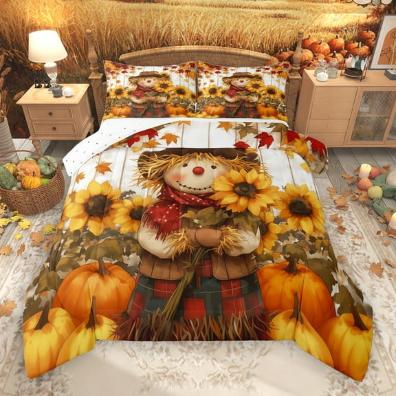 Manfei Cute Cartoon Scarecrow Bedding Comforter Set,Autumn Fall Sunflower Twin Comforter Sets,Rustic Pumpkin Maples Bedding Set For Boys Kids,Microfiber Bedroom Decor Reversible,2 Pieces