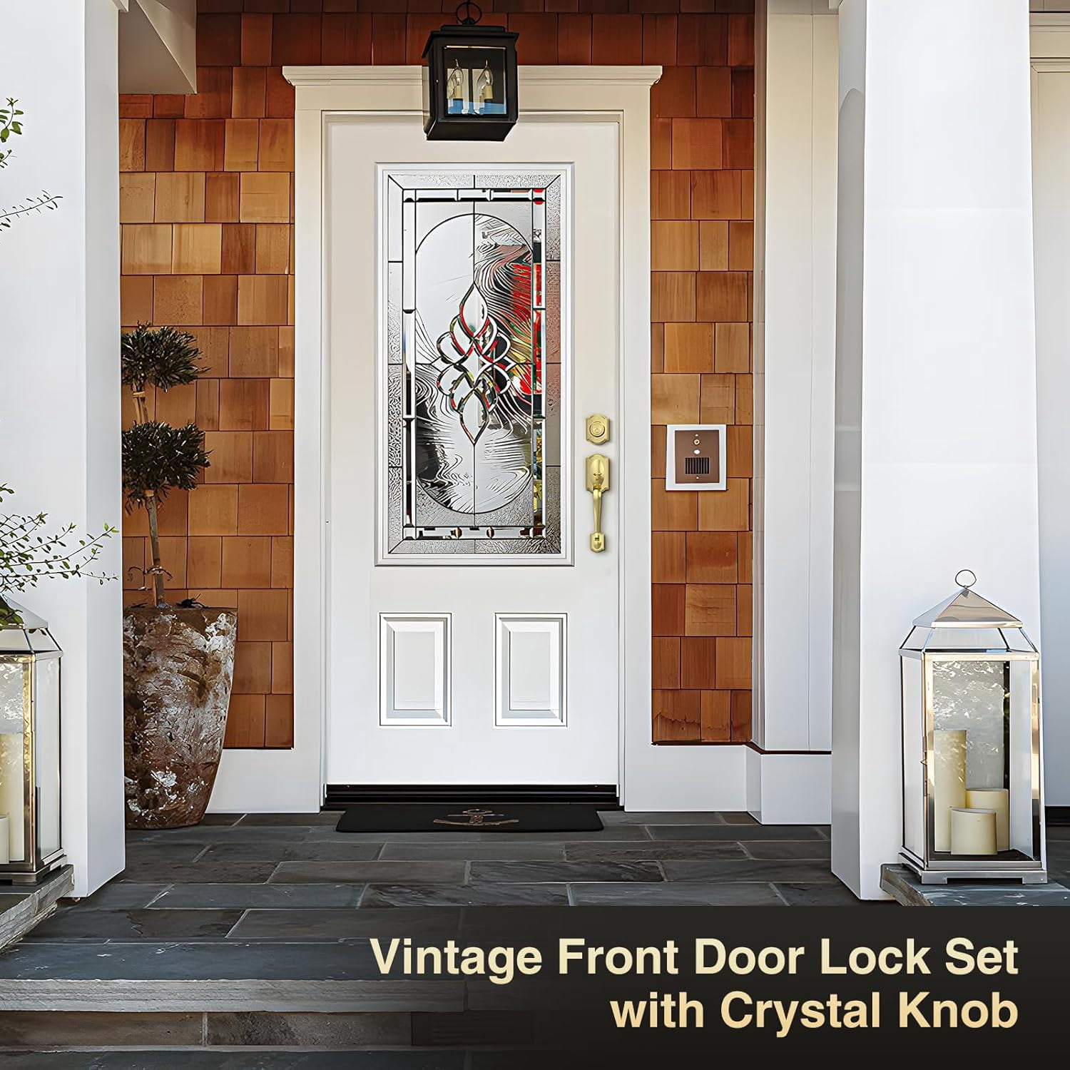 Vintage Front Door Handle and Deadbolt Set, Gold Front Door Lock Set with Crystal Glass Door Knob, Entry Door Lock Set with Single Cylinder, Reversible for Right & Left